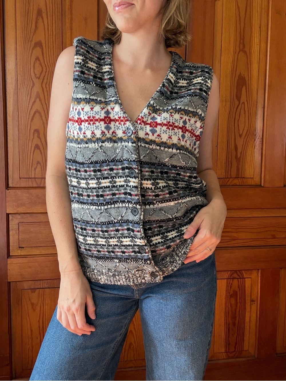 Russ Grey Fair Isle V-Neck Button Vest with Red Accents